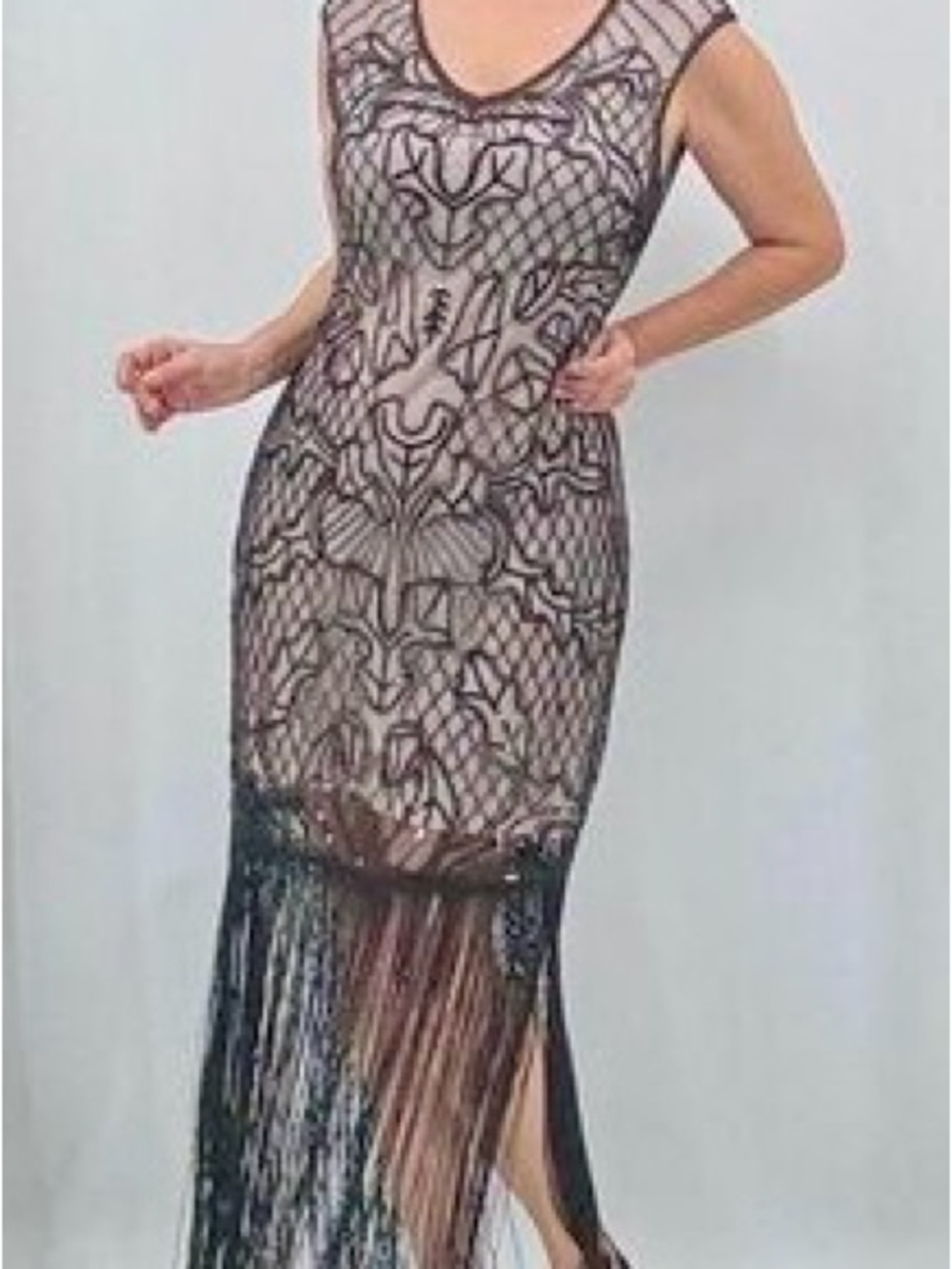 Unique Vintage Black Lace Fringe Flapper Dress